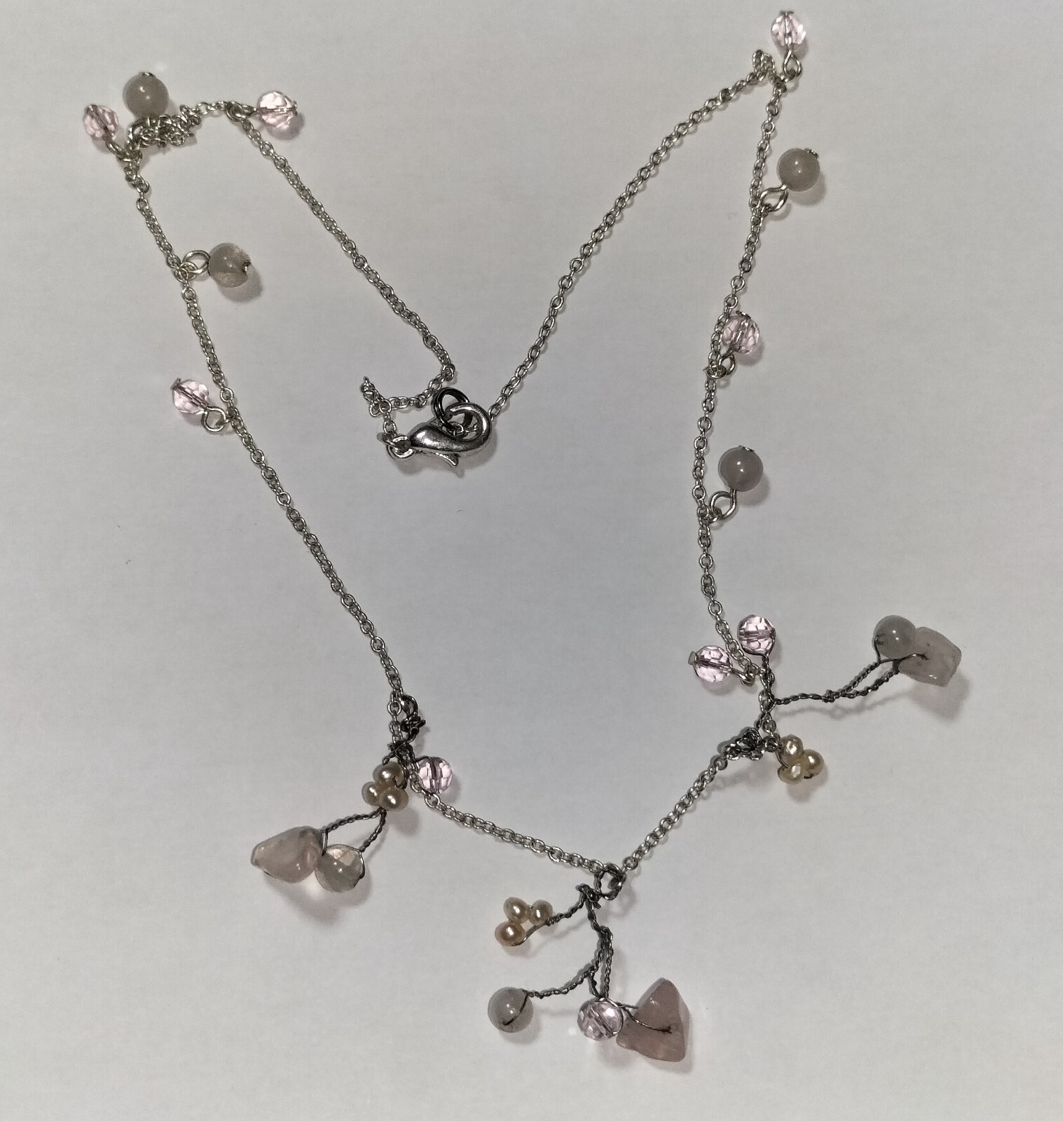 Stunning Vintage Handmade Silver Necklace w/ Rose Quartz and Natural Pearl 36cm