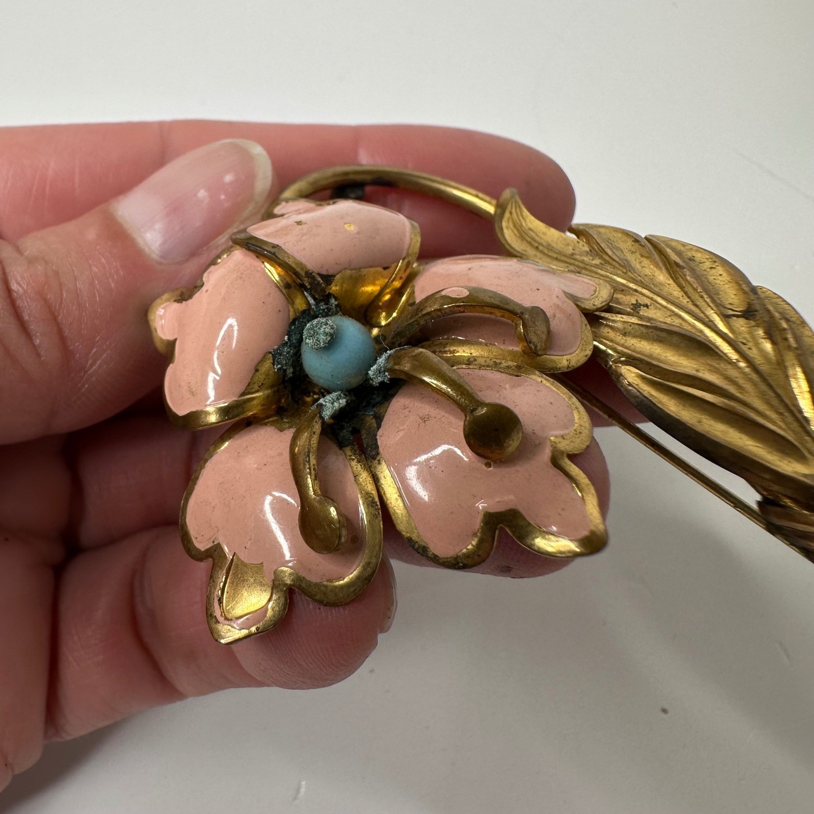 Vintage Pink Enamel Flower Brooch Gold Tone Leaf Blue Bead Pin Spring Romantic