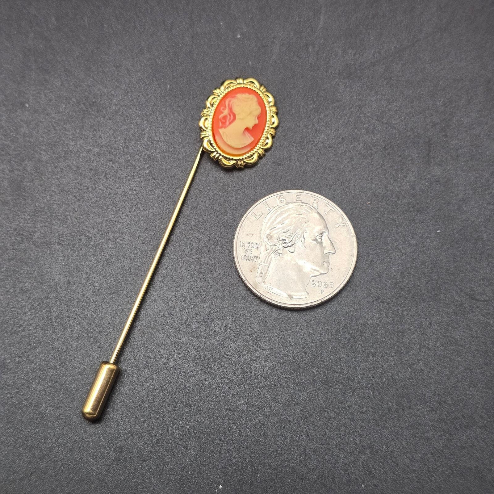 Vintage Cameo Stick Pin Gold Tone Orange Cream Lady Face