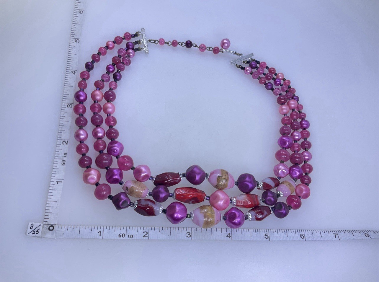 Vintage 3 Strands Art Glass & Lucite Beads Pink Red Brown Purple Silvertone 15”