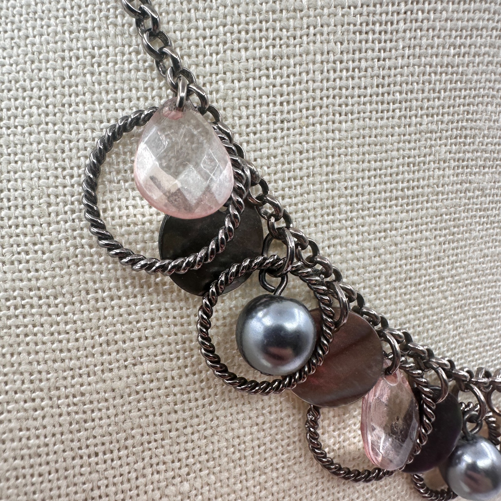 VTG Gunmetal Faux Tahitian Pearl Rose Quartz Choker Bib Necklace Charm Fringe