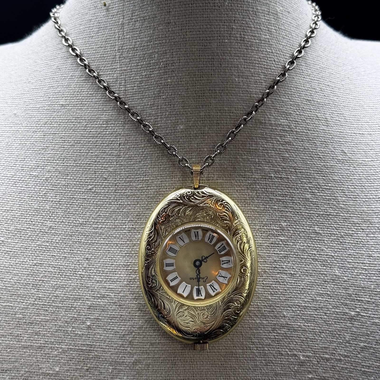 Vintage Endura Oval Pendant Watch Necklace Gold-Tone Engraved Roman Numerals