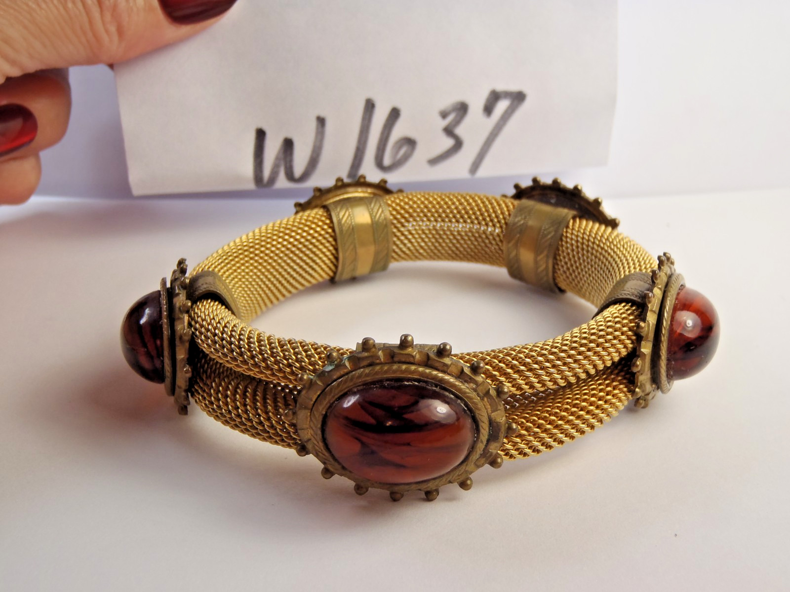 Estate Vintage Gold Toned Mesh Bangle Bracelet With 5 Stones 76 Grams 7 1/2″