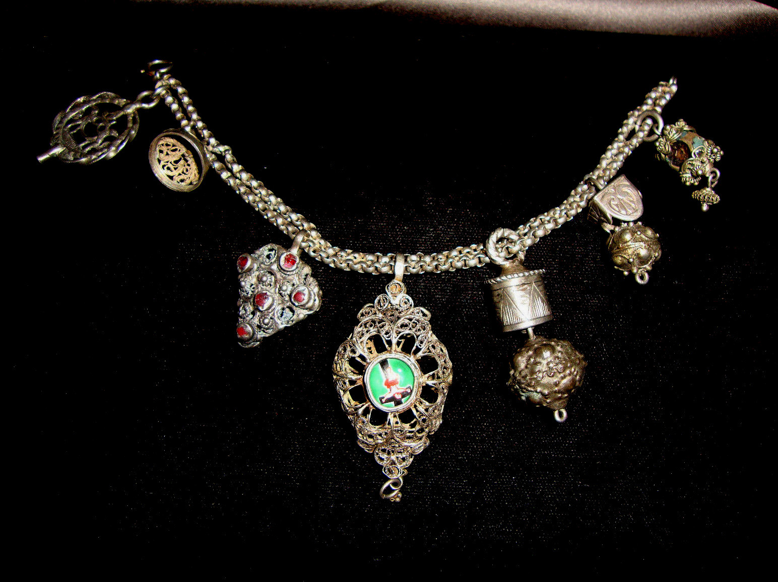 Sterling Silver Etruscan Bali Filigree Fob Charm Rolo Link Double Chain Bracelet