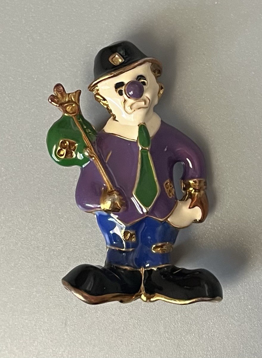VTG Hobo Clown Brooch Gold Tone Metal Purple-Green-Blue-Black-White 2” Sad Face
