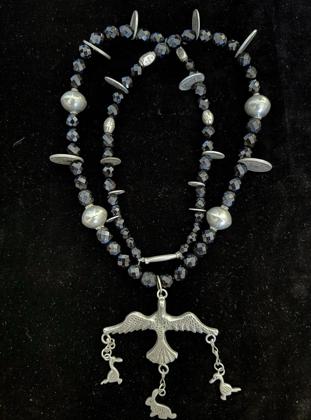 Antique Silver Cross Milagro Charm Necklace, Guatemalan Coins, Black Jet Beads