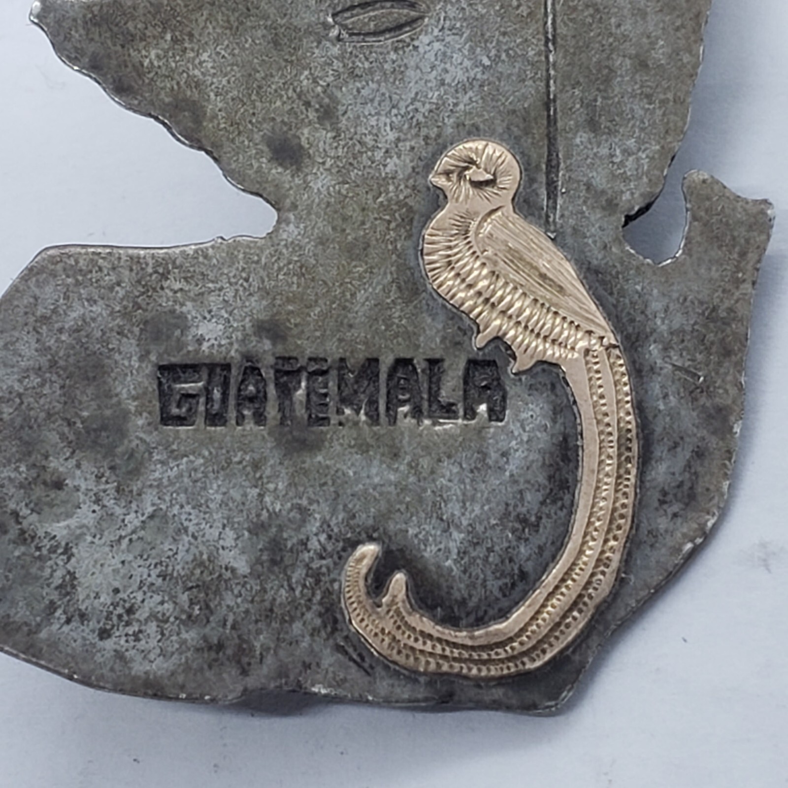 Antique Silver & 10KT YG Overlay Mixed Metal Guatemala Quetzal Inscribed BROOCH