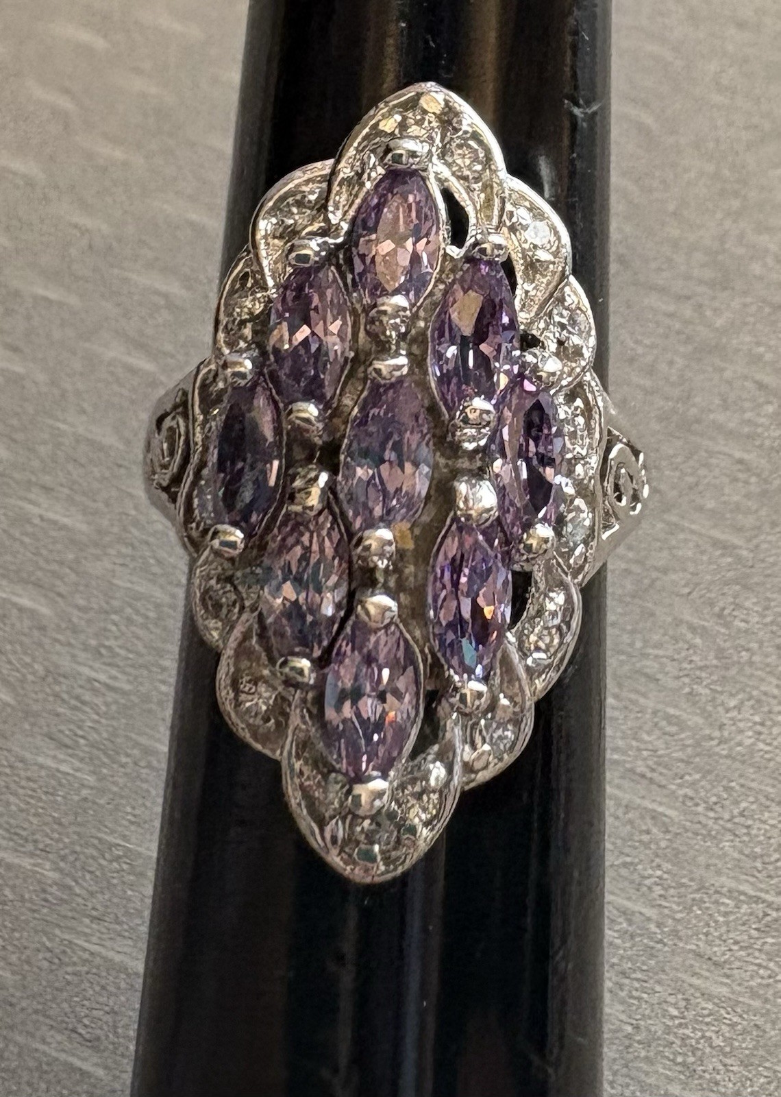 Vintage Sterling Silver Lavender Amethyst Marquise Gem Cluster Ring 925 size 6.5