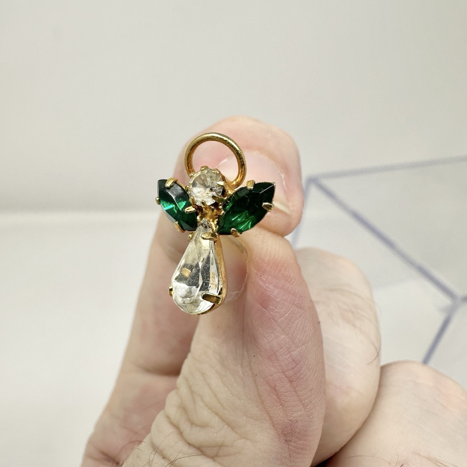 Vintage Green Emerald May Birthstone Guardian Angel w Halo Pin
