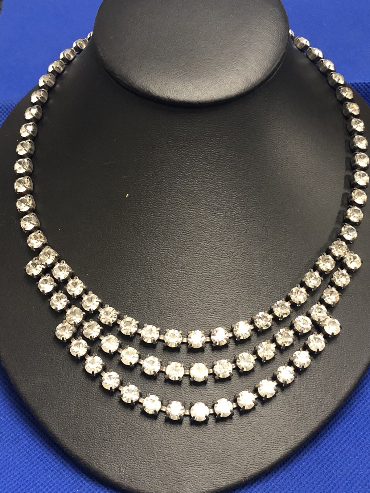 VTG 6MM RHINESTONE TENNIS STYLE SINGLE/TRIPLE STRAND SILVER TONE NECKLACE 17.5″