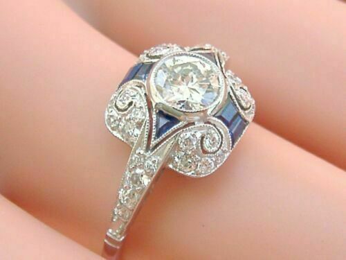 1.2CT White Round Cut CZ & Blue Art Deco Engagement Ring in 925 Sterling Silver