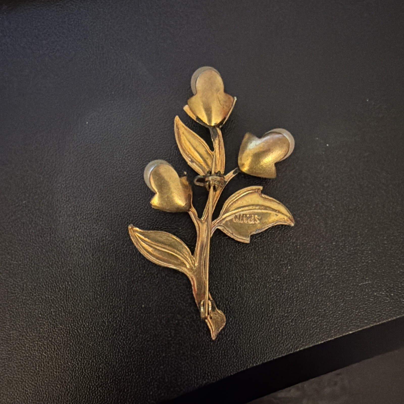Damascene Brooch Faux Pearl Flower Bouquet Floral Vintage Spanish Estate Pin