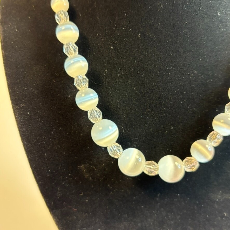 Vintage Necklace White Opalite Semi Precious Stone Beads Cats Eye Glass Crystal