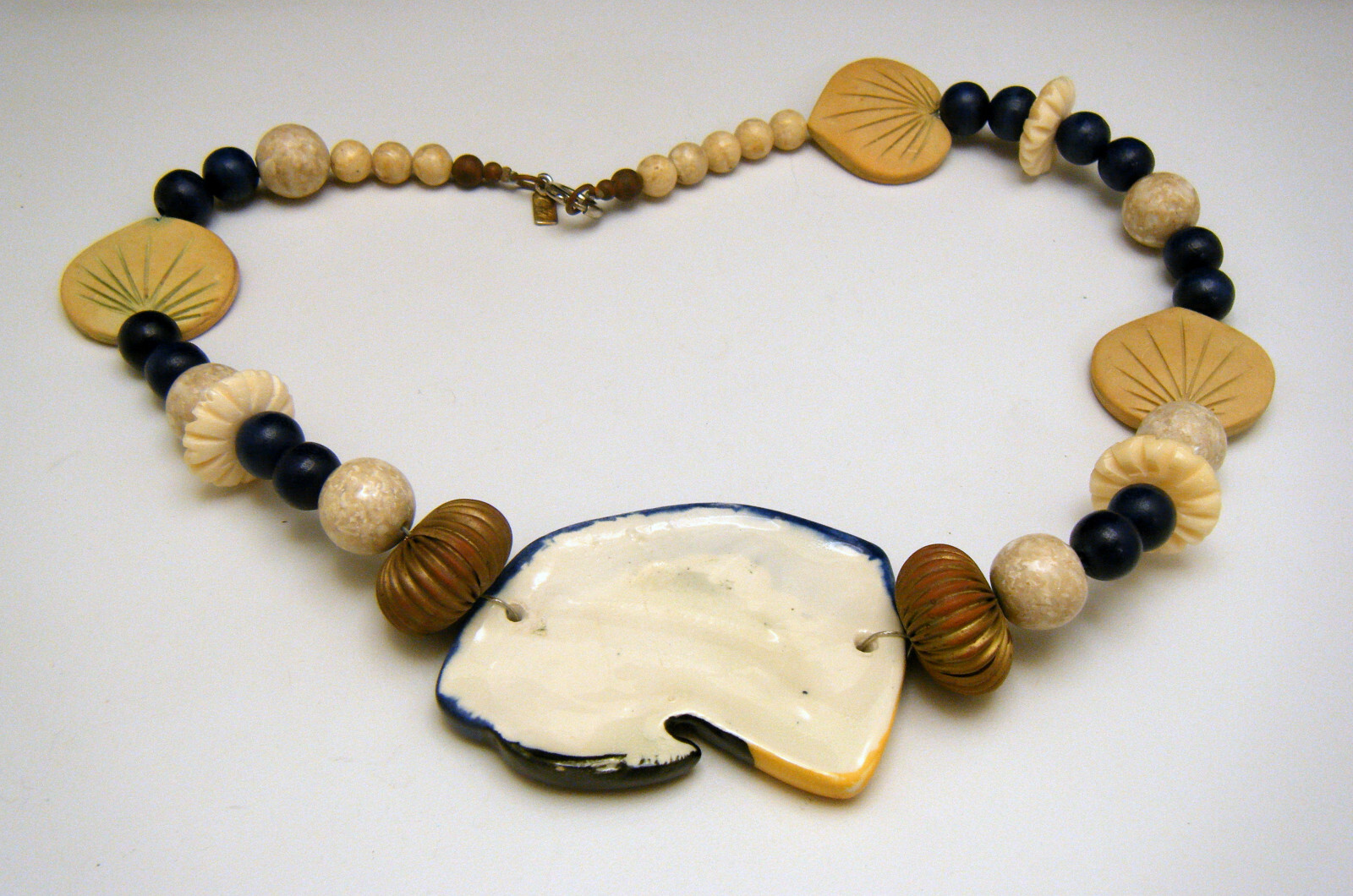 Vintage PN Parrot Bird Ceramic Wood Glass Bead Necklace Silver Tone