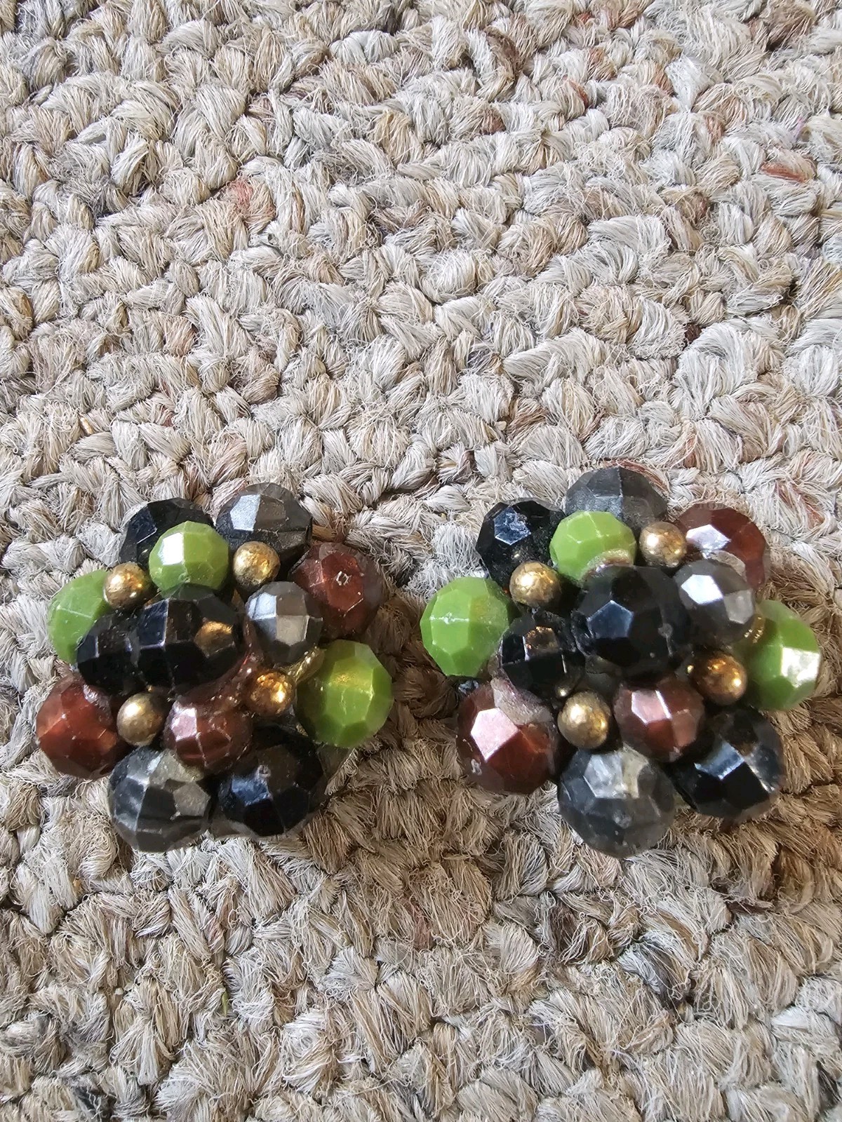 Vintage Multicolor Glass Beaded Cluster Round Clip-On Earrings