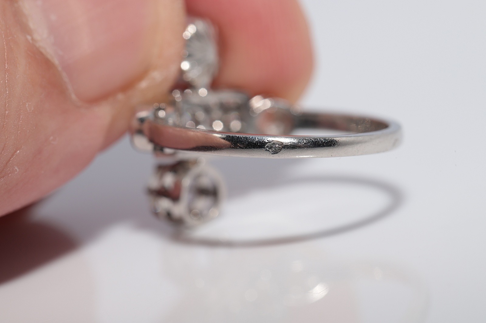 Antique Circa 1920s Platinum Art Deco Natural Diamond And Pearl Decorated Ring