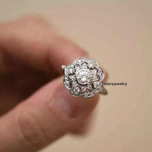 Art Deco Vintage Round Lab Created Diamond 14K White Gold Finish Engagement Ring