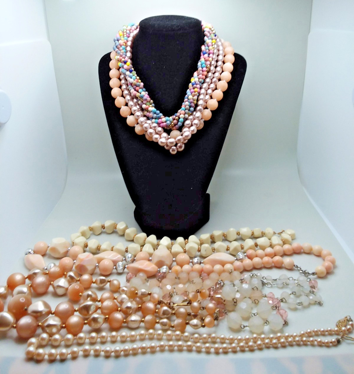 Lot Of 8 Pink, Peach,& off White Costume Jewelry Necklaces Plastic