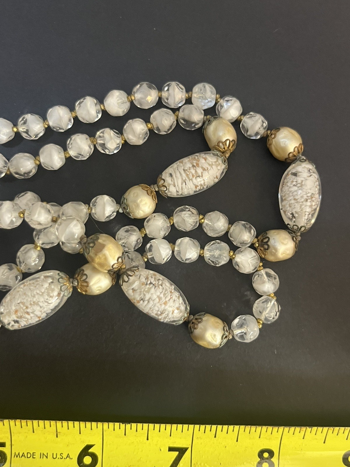Vintage Foil Glass Necklace Murano Multistrand White Beaded Estate Jewelry Rare