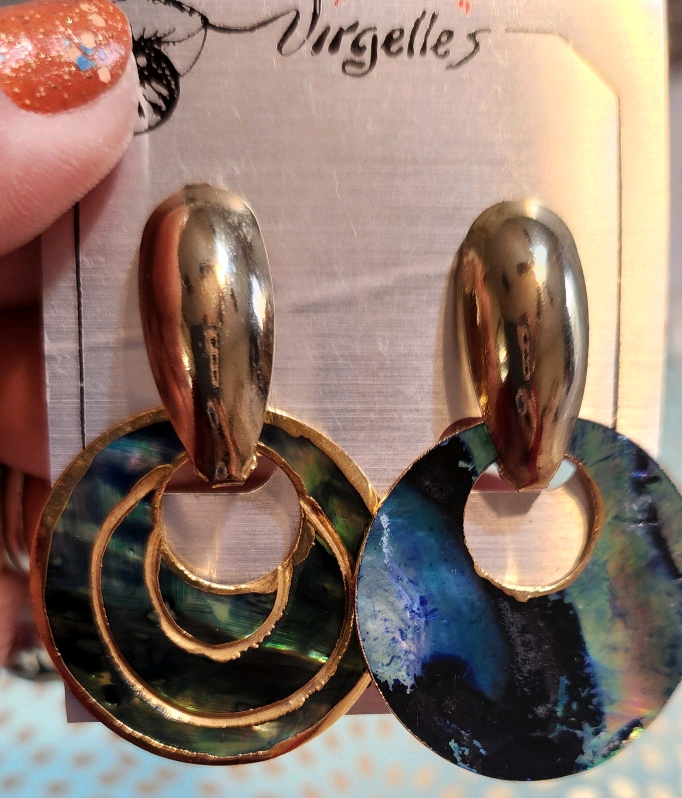 VTG NOS!! Peacock Paua Shell Doornocker Goldtone 2 In 1 Earrings