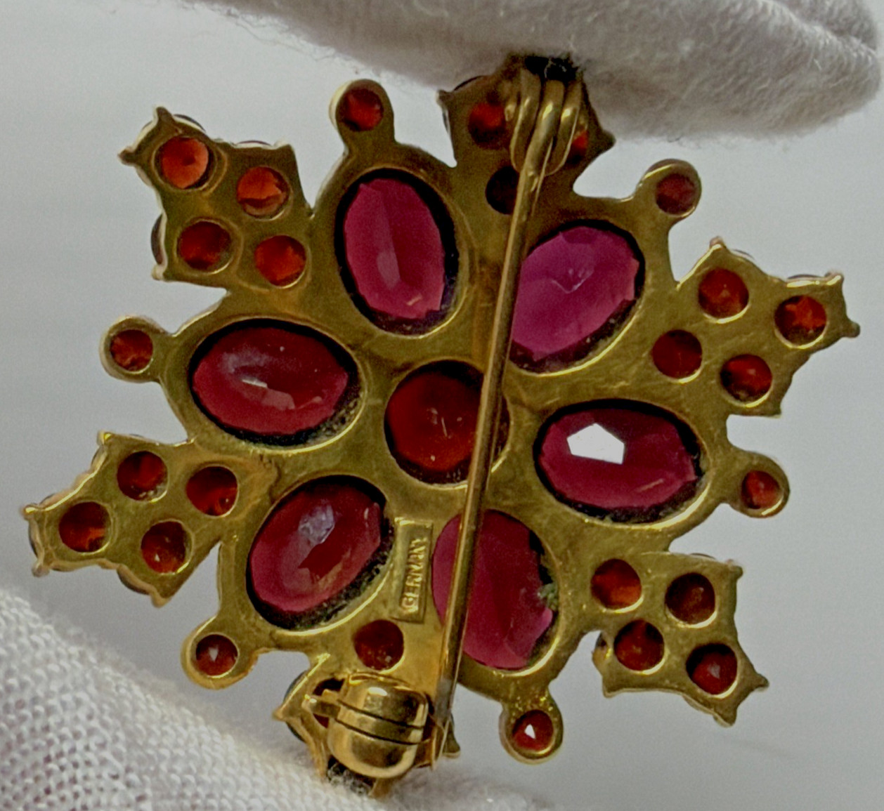 Victorian Red Garnet Star Snowflake Cluster Germany Brooch Pin Screw Earrings