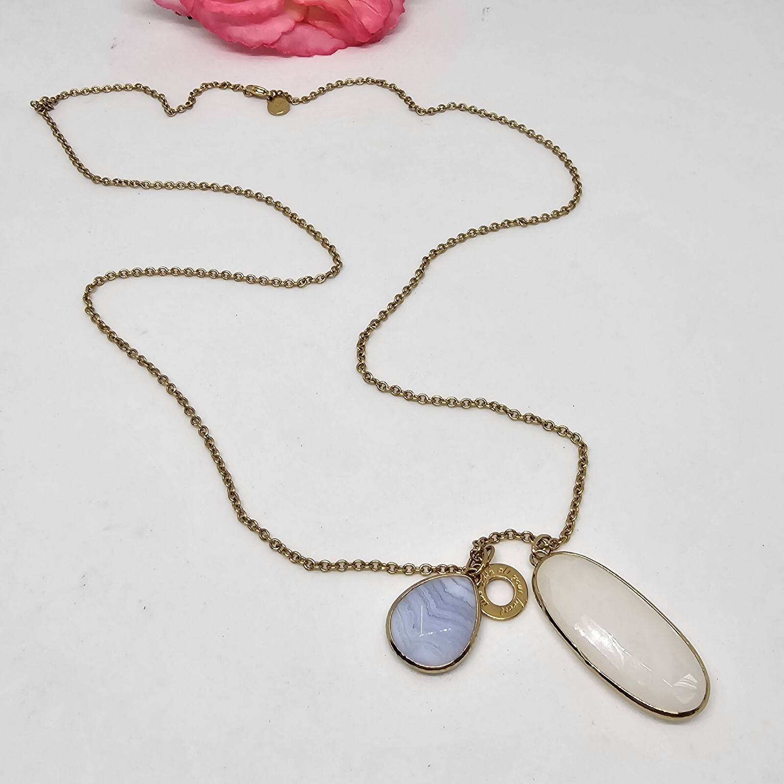 STELLA & DOT Gold Pink Blue Agate stone Charm Pendant Chain Necklace