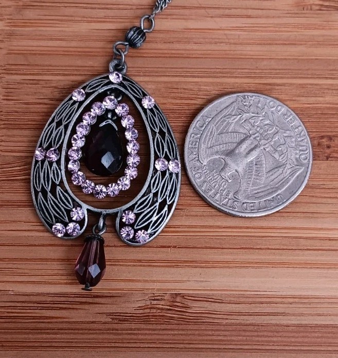 Vintage gunmetal pendant W/ pink rhinestones & purple/pink bead accents, 18-21″