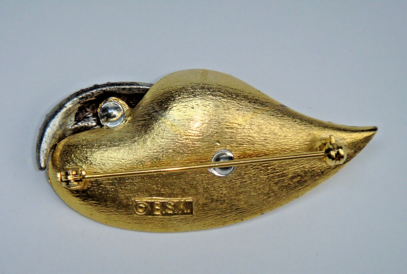 Leaf Pin-Brooch Brushed Yellow Gold-Tone with Crystal Rhinestones Signed B.S.K.