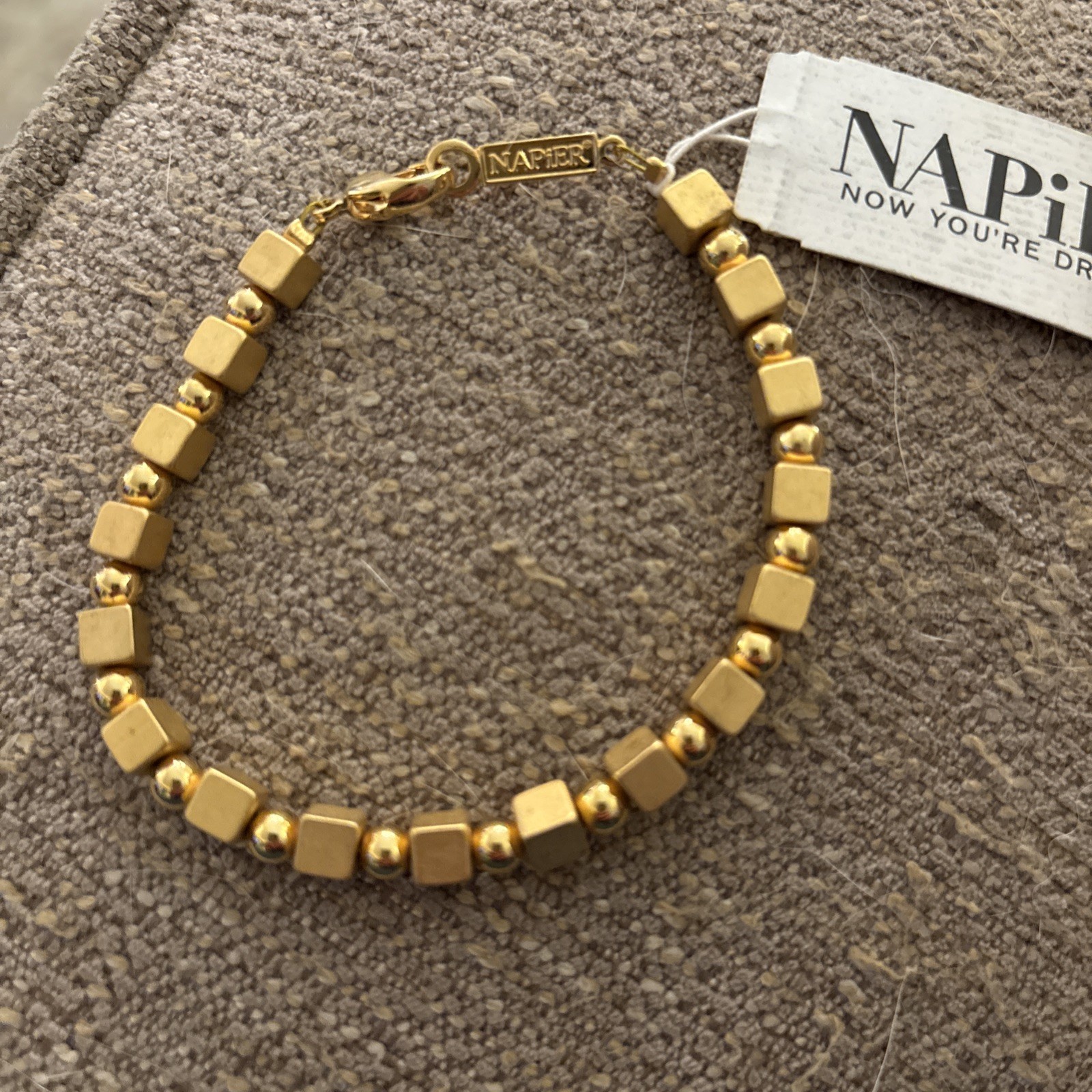 Vintage NAPIER Signed Statement 7” Bracelet Gold Tone Square Beads Tags