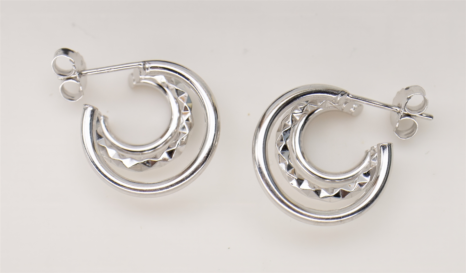 Polished & Faceted Triple Hoop Sterling Silver Earrings 3.4g