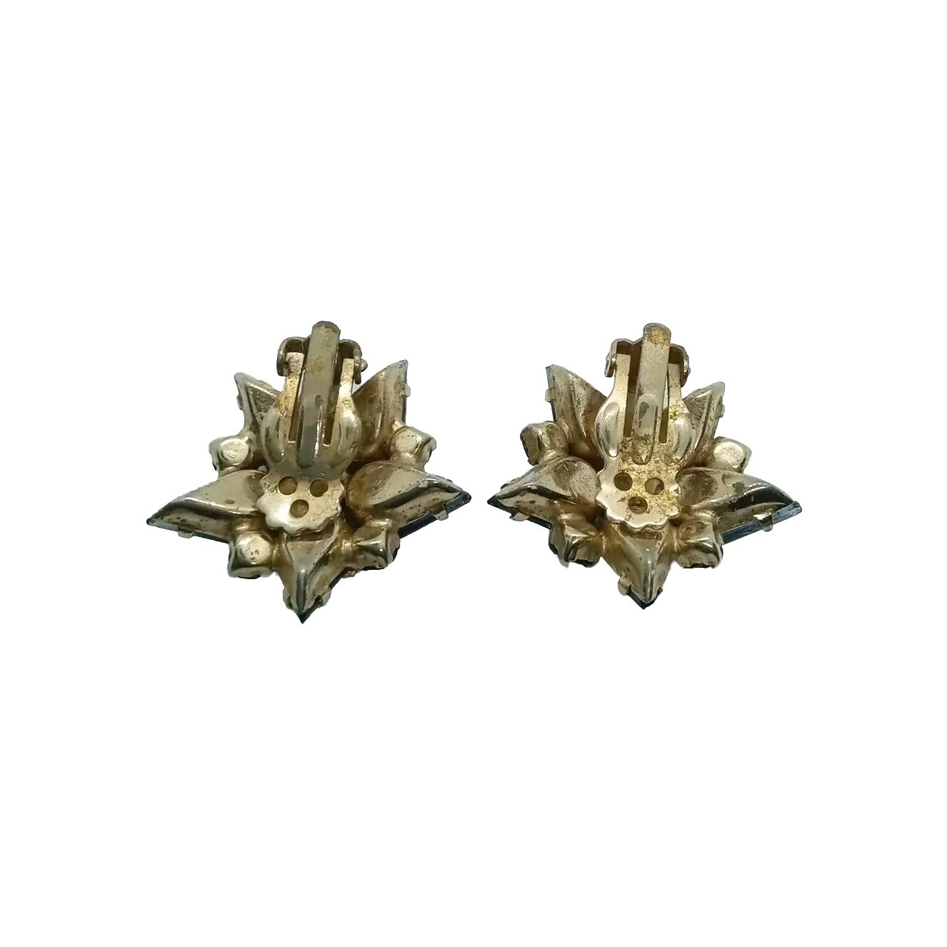 Vtg Sapphire/Emerald Crystal Rhinestone GoldTone Estate Star ClipOn Earrings #51