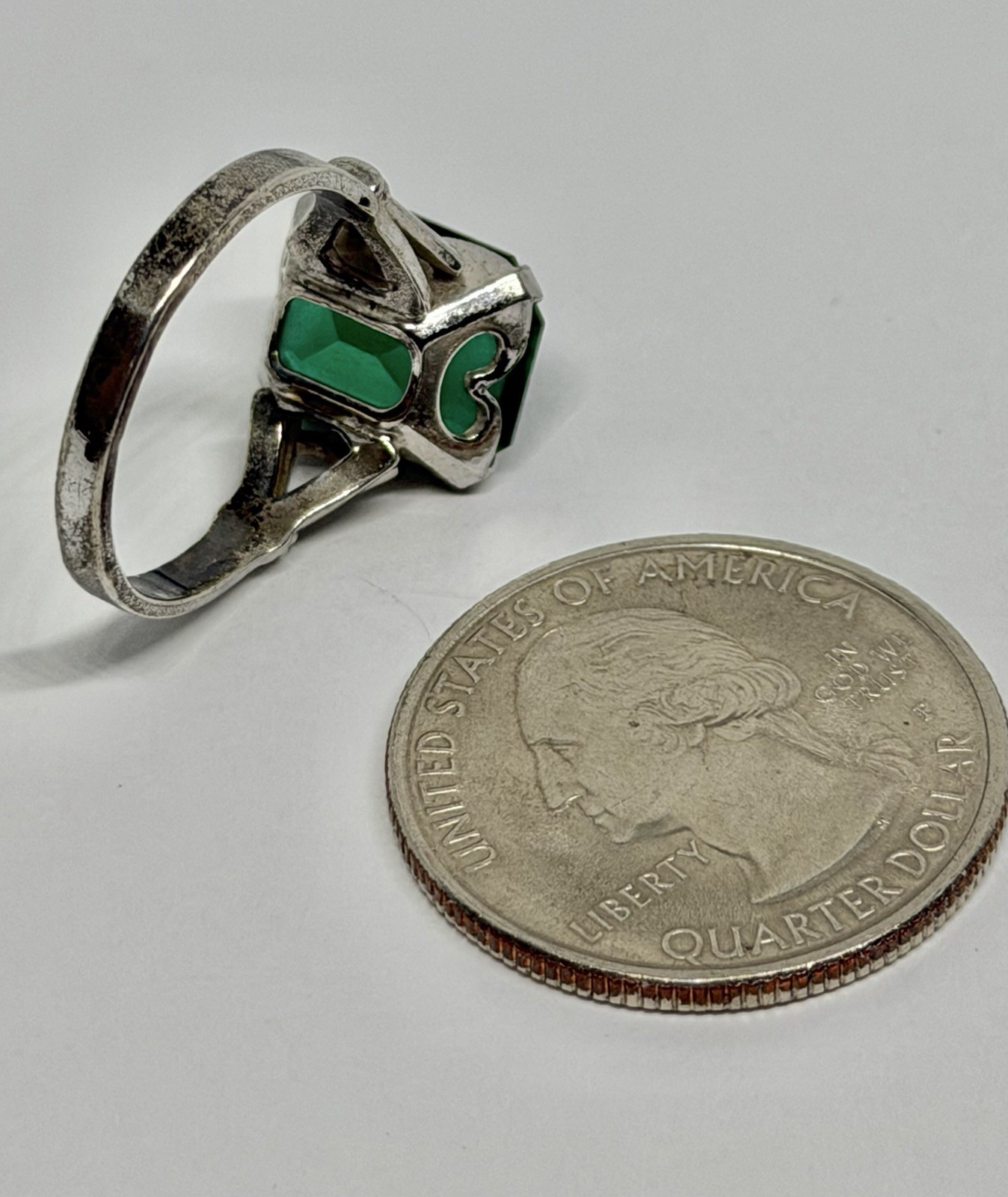 Vintage Cushion Cut Square Green Onyx Sterling .925 Ring Size 7