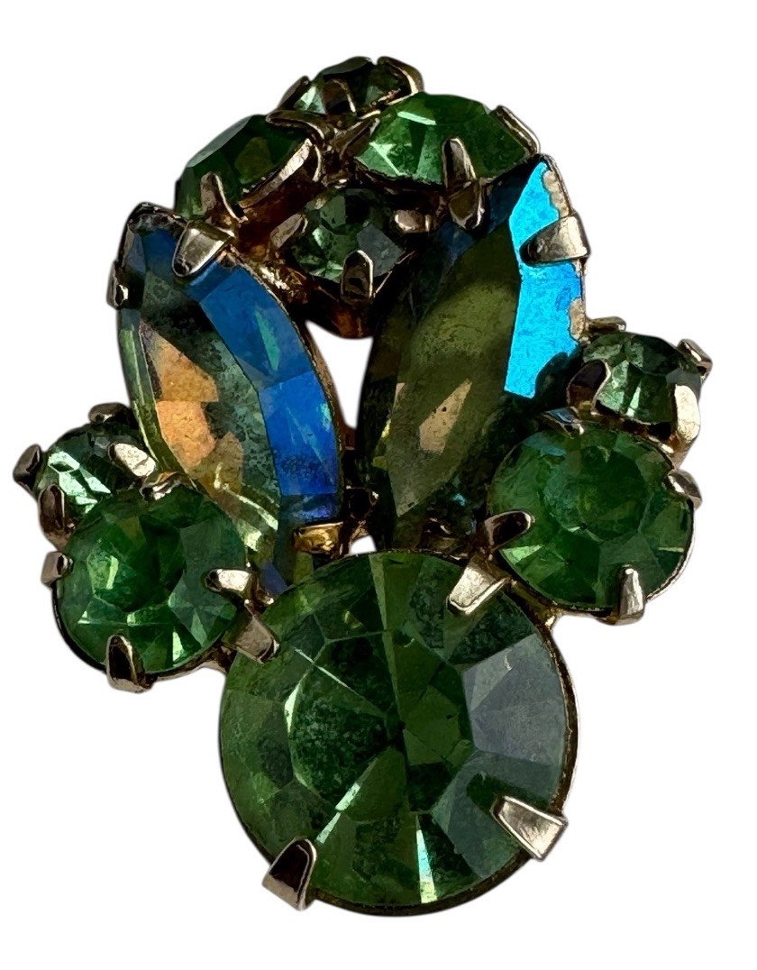 VTG Robert La Roco Green/Blue Rhinestone Clip earrings Gold Tone Fashion Bug