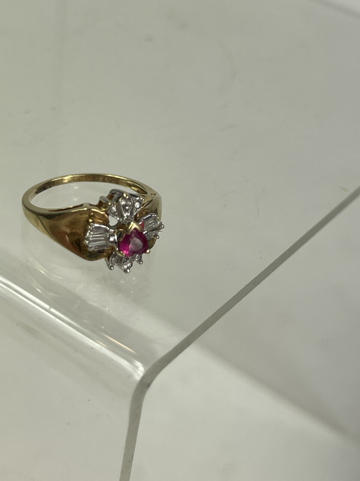 10k Yellow Gold RBC Hearts & Garnet Flowers Cocktail Ring Superb ! Size 6.5