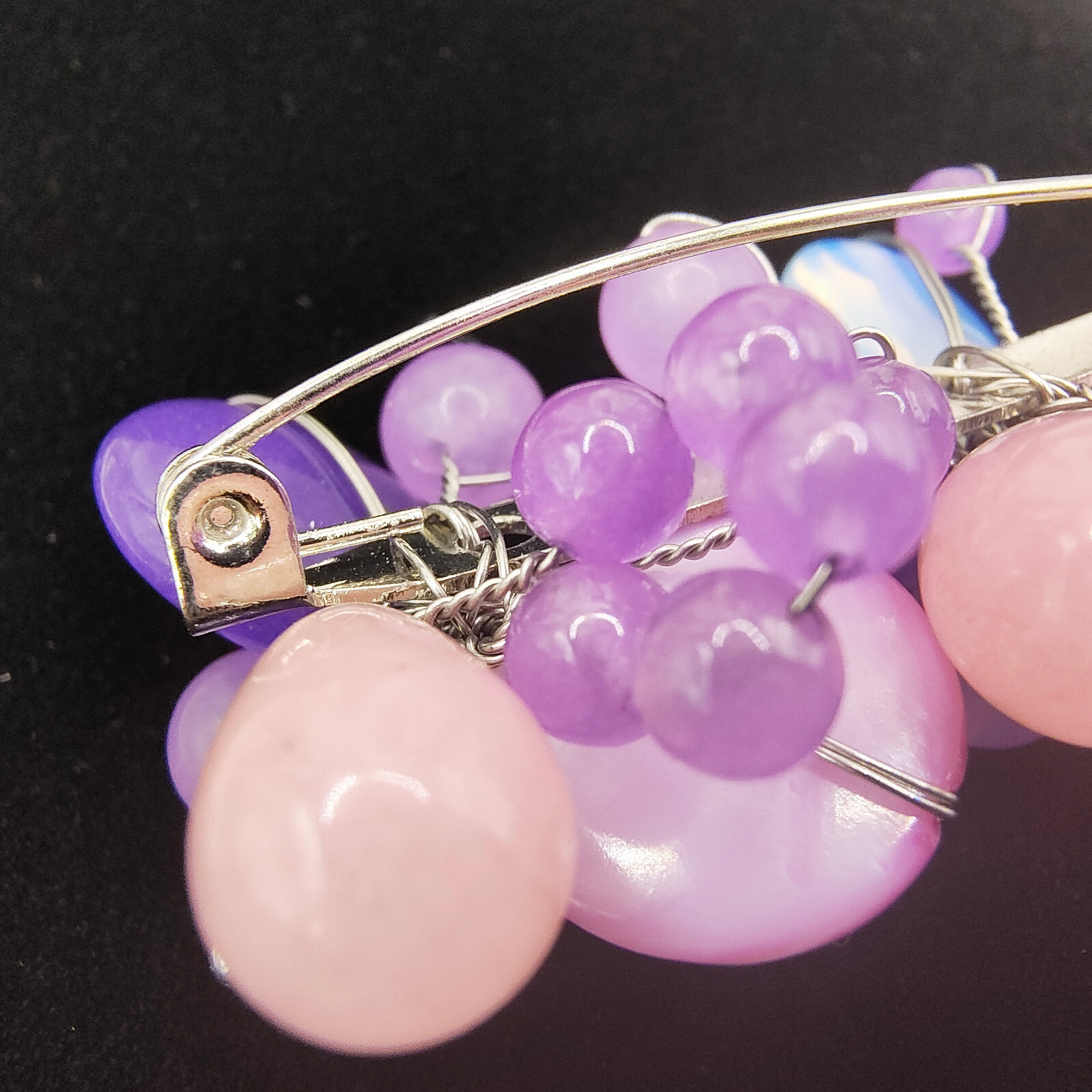 Chunky Purple Art Glass Brooch Pin Silver Tone Glass Beads Cluster Wire Abstract