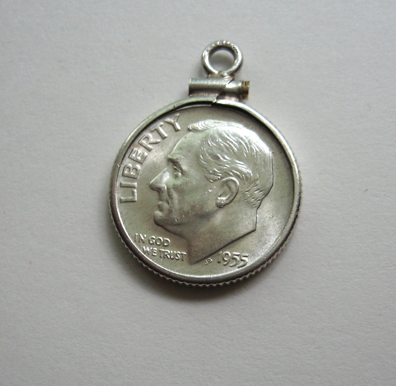 BU 1955 -D Roosevelt Dime 90% Silver Coin in Sterling Bezel Charm Pendant