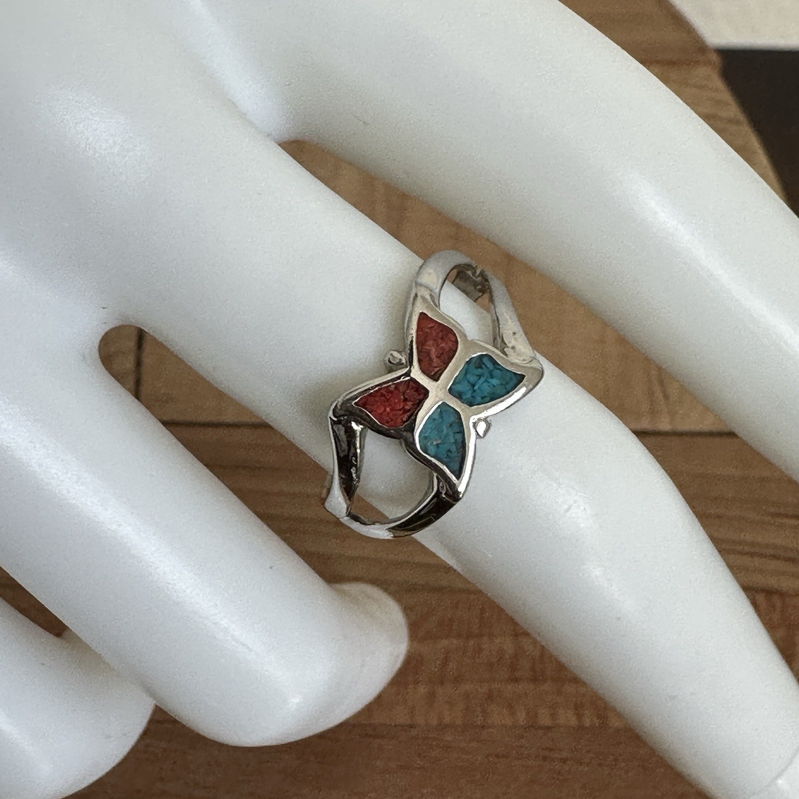 VTG Butterfly Ring Size 7.75 Red Coral & Blue Turquoise Chip Inlay Silver Tone
