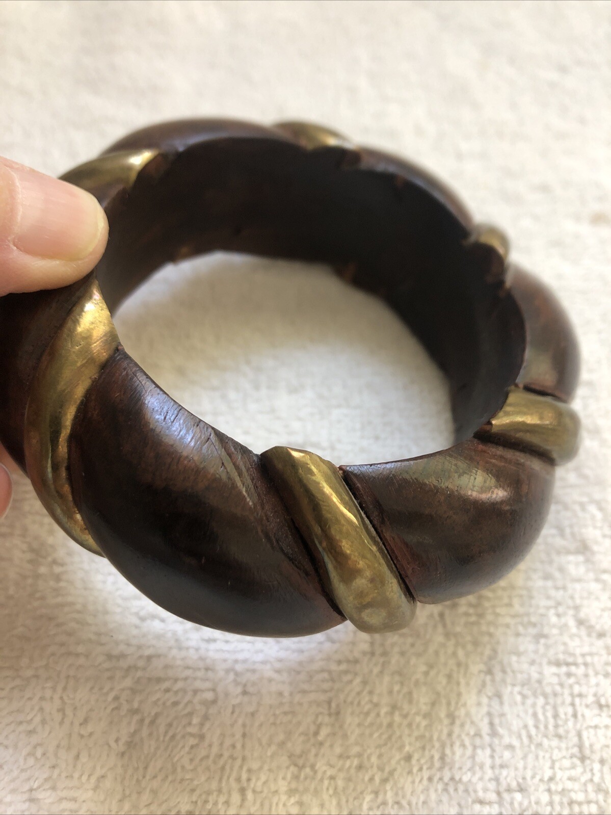 Vintage 1960’s Dark Brown Wooden Bangle with Gold Tone Metal Inlay Bracelet