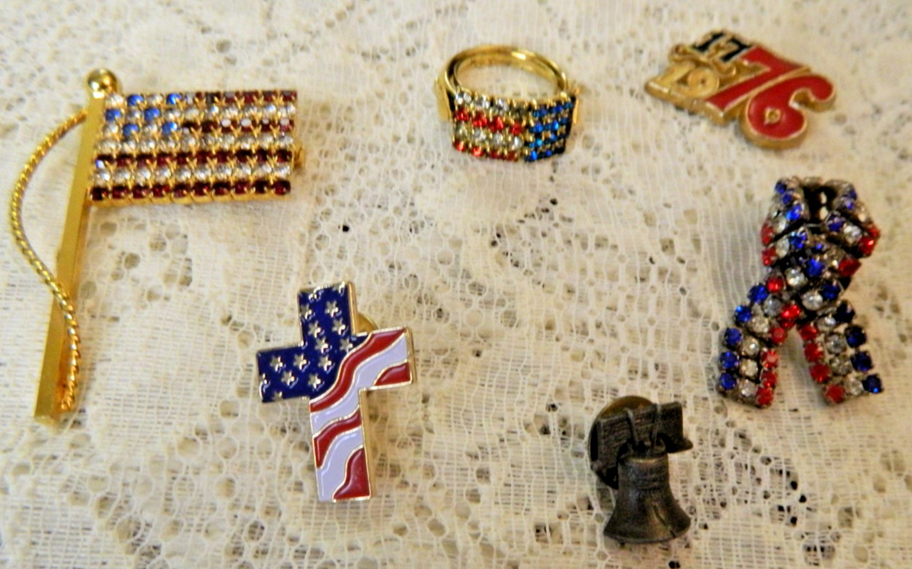Patriotic America USA Rhinestone Lot – Brooch Pins Flag & Bow Ribbons & Liberty