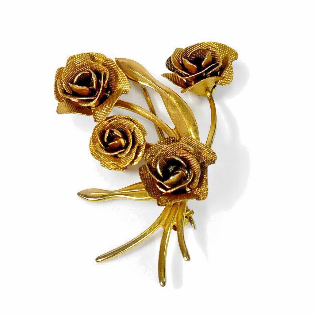 Vintage Gold Tone Rose Bouquet Brooch Pin Textured Floral 4 Roses 2.5”
