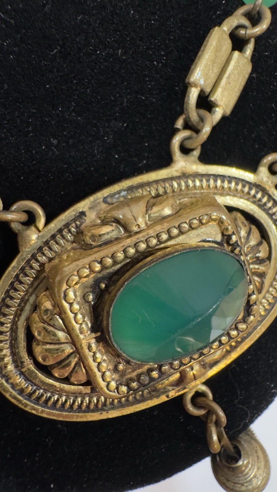 Antique Victorian Revival Green Chrysoprase Glass & Tassel Necklace Czech