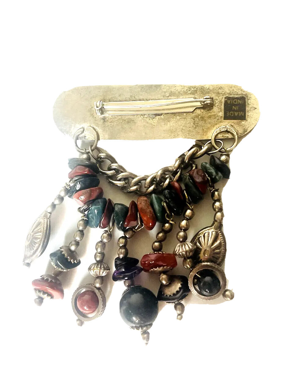 Vintage Hand Crafted Brooch Genuine Stone Chunks Unknown Metal Made In India