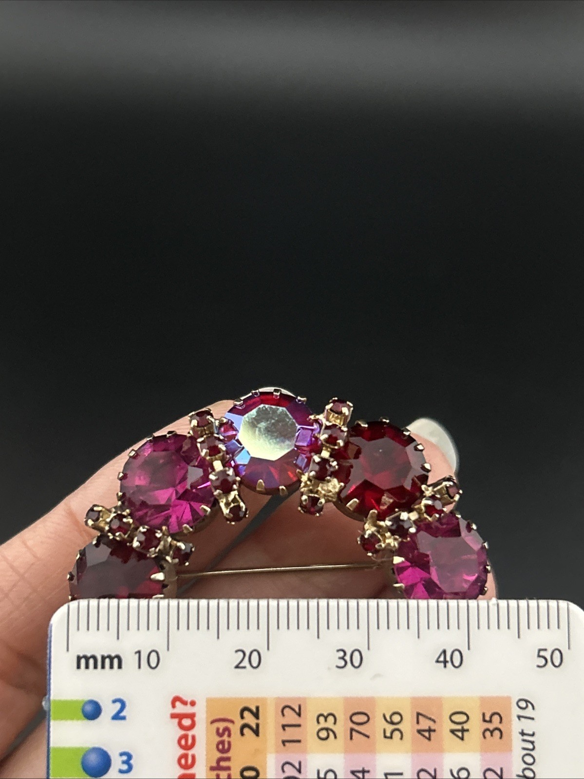 Vintage Karu Arke Inc. Fuchsia Ruby Red Aurora Borealis Rhinestone Brooch Pin