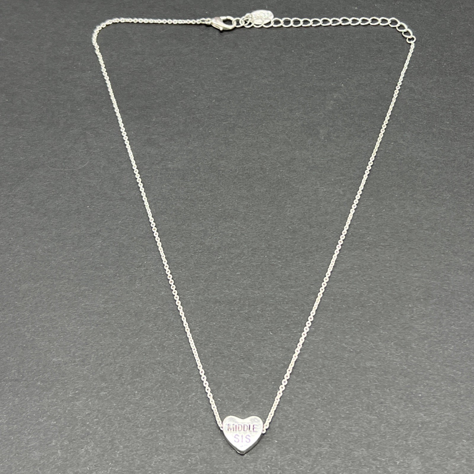 Claire’s MIDDLE SIS Sliding Heart Pendant Necklace Vintage Silver Tone 18”