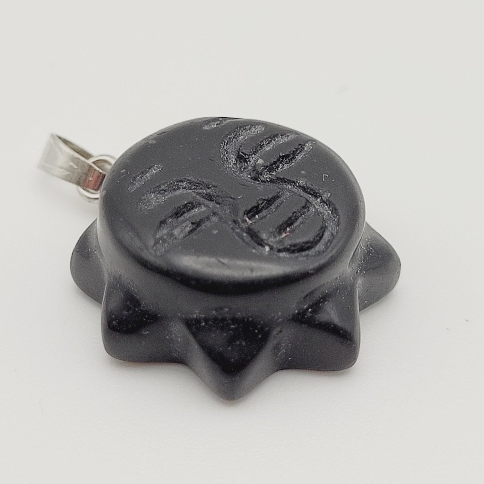 Obsidian Sun Face Black Carved Stone Silver Tone Bail Pendant Charm No Chain