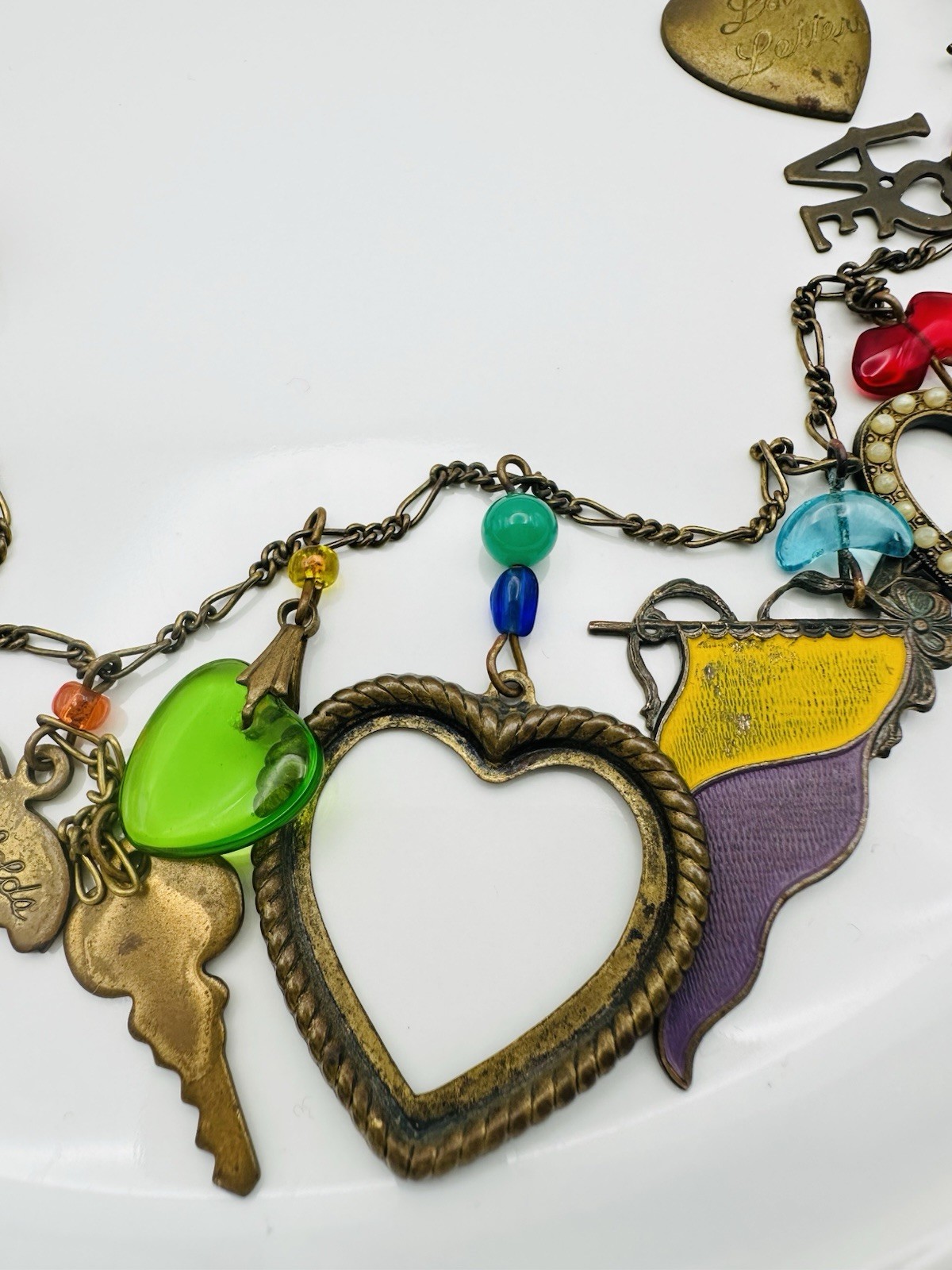 Vintage Glass Works Studio Flag Motifs Heart Glass Charms Multi Colors Necklace
