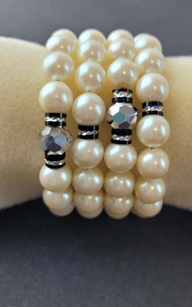 Vintage Faux Pearl Wrap Bracelet Multi Strand Black Silver Tone Beads