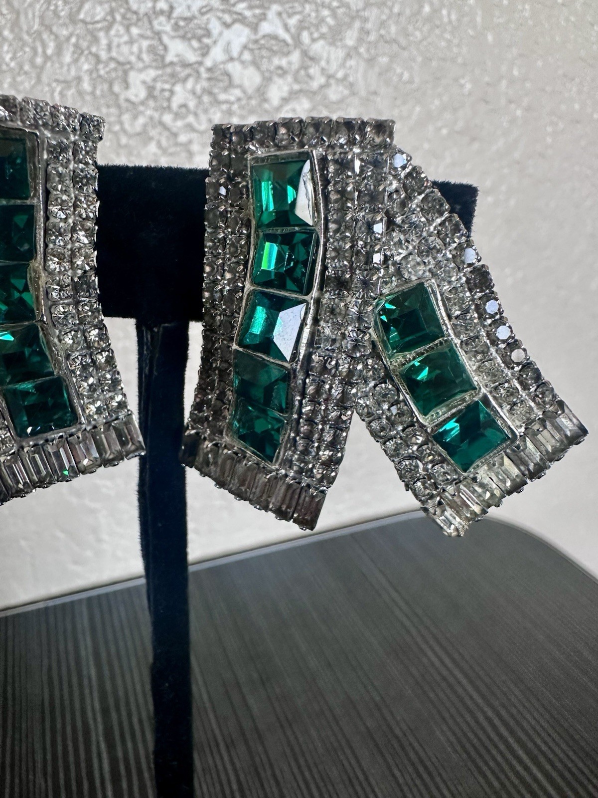 Vintage MMA Clip On Earrings W/ Ribbon-Fold Design + Emerald & Clear Rhinestones
