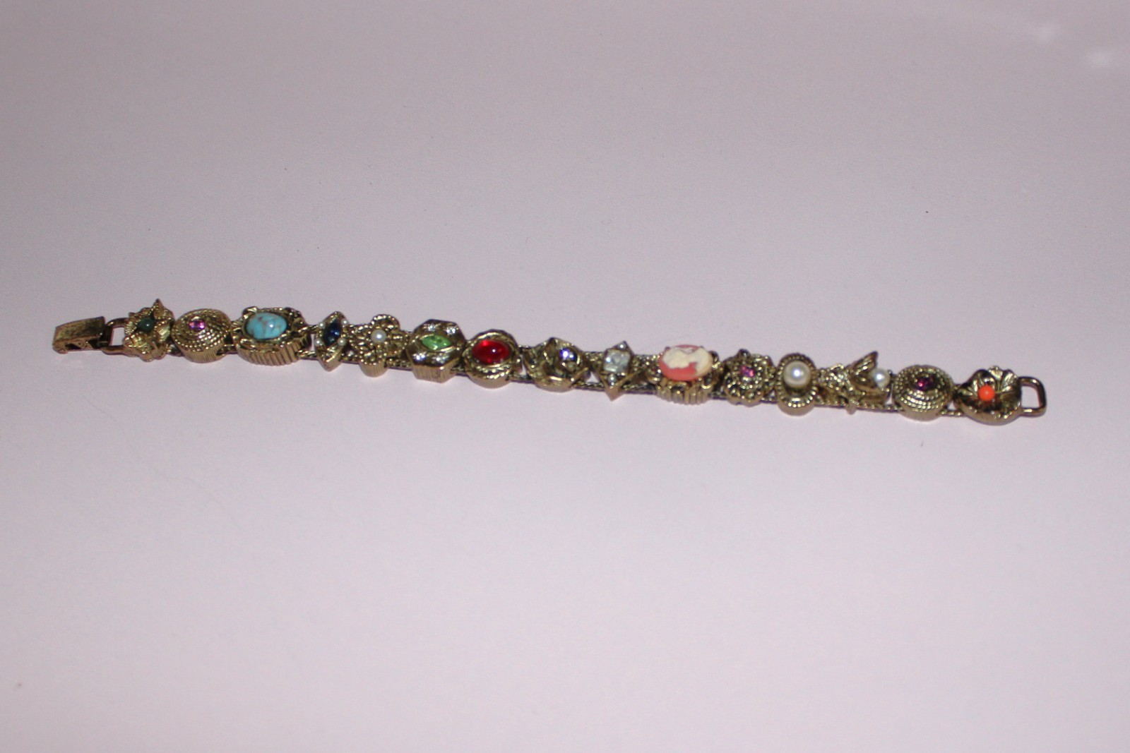 Vtg Slide Charm Bracelet Victorian Revival Rose Cameo Bee Gold Tone 7.5″