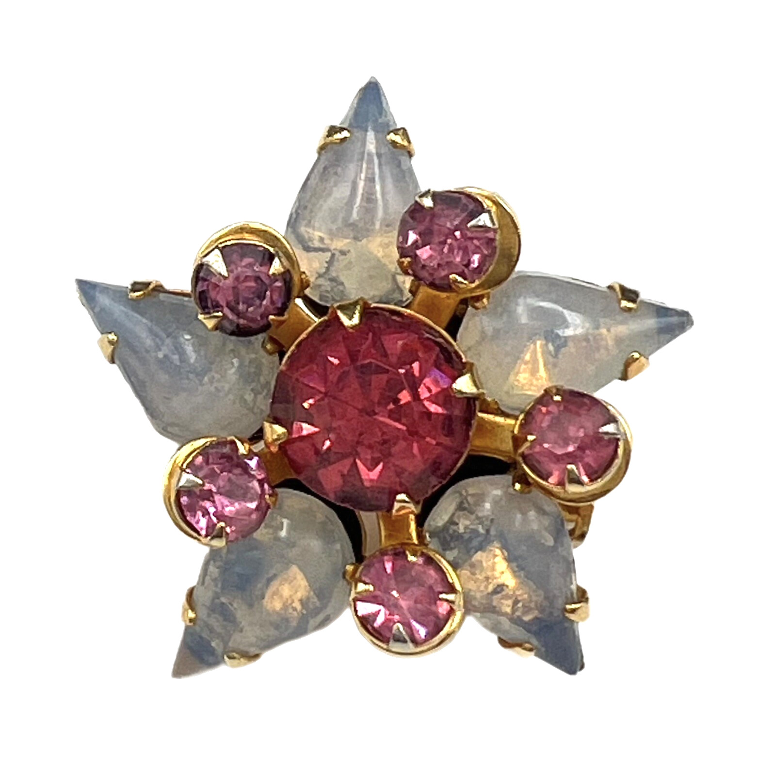 Vintage Pink Rhinestone & Blue Gray Glass Mini Brooch Gold Tone Pin 7/8″
